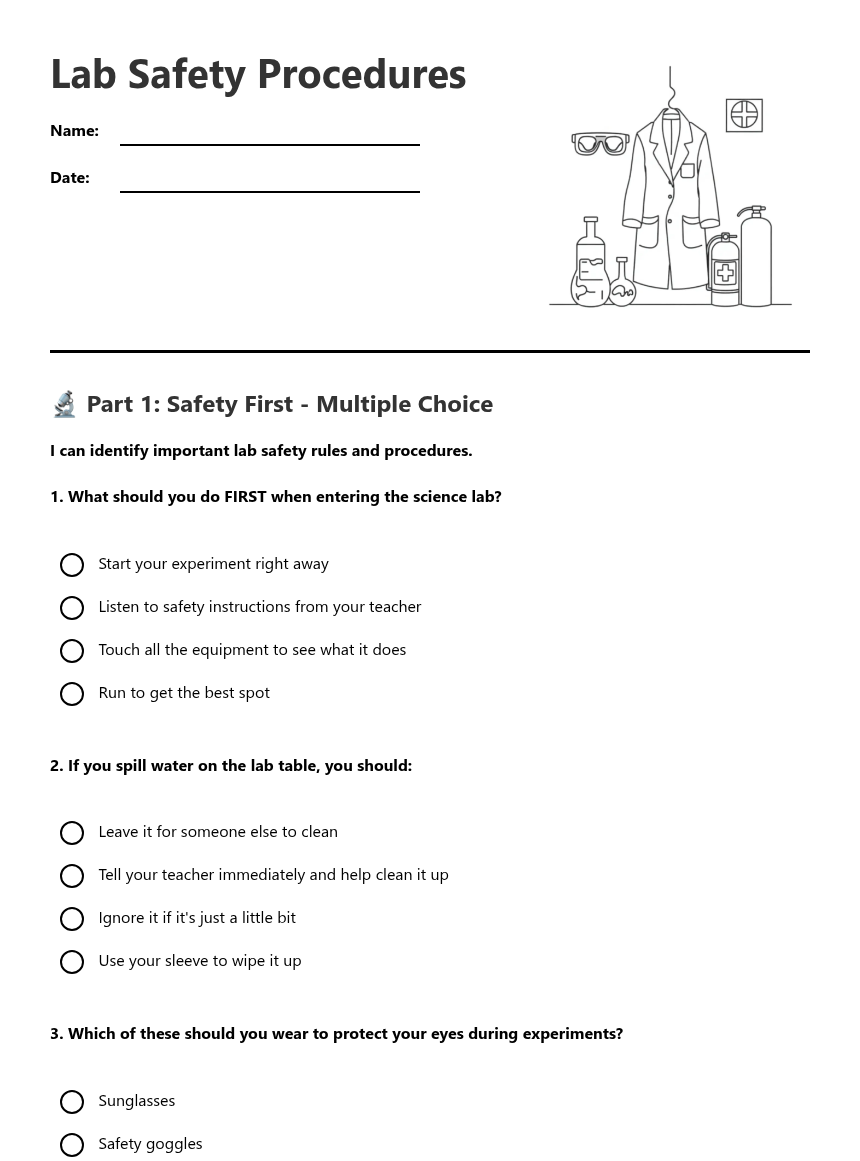Lab Safety Procedures — Free Printable Worksheet for Science