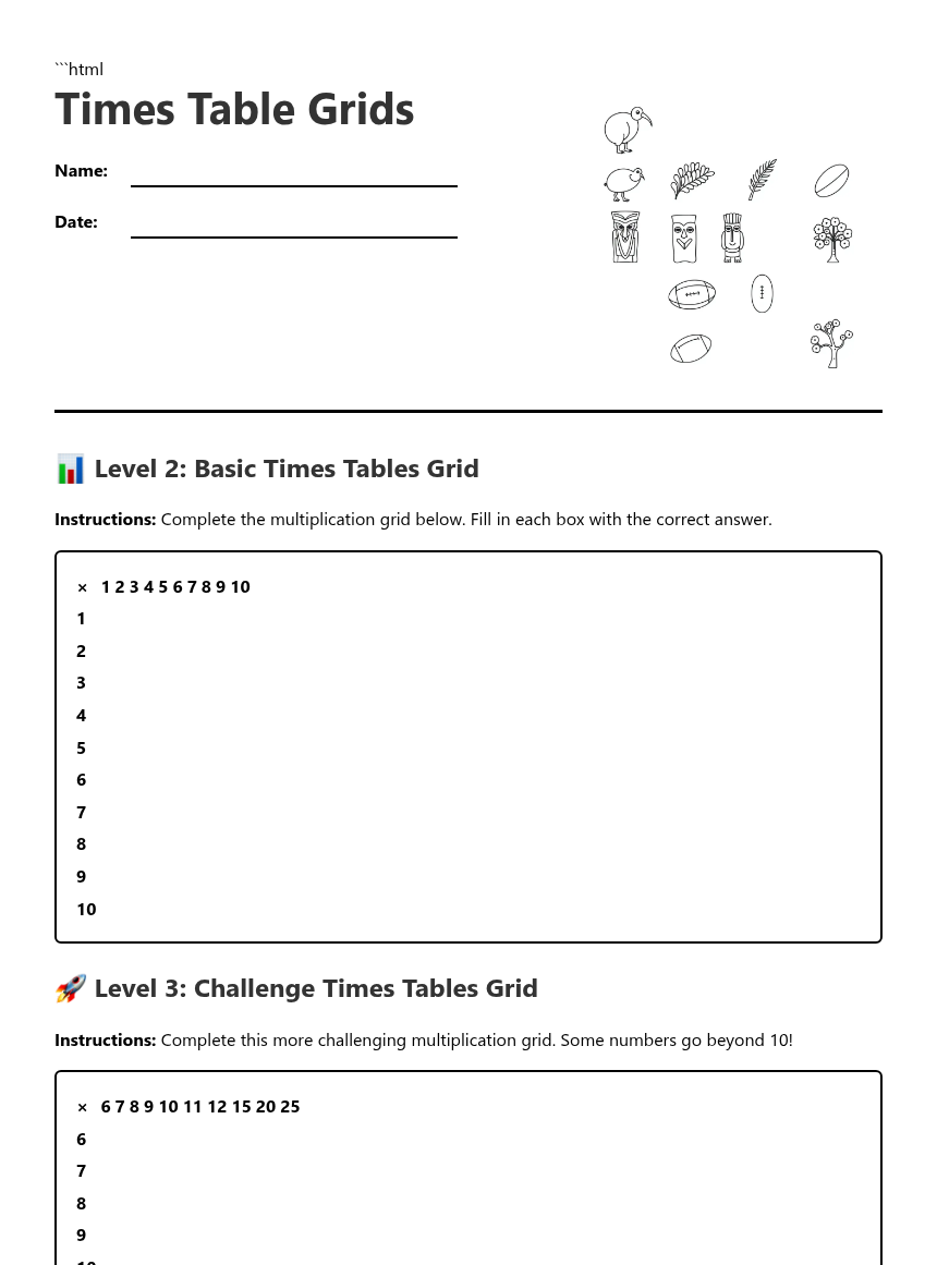 Times Table Homework Grid Times Table Grids — Free Printable Worksheet for Maths | Kuraplan
