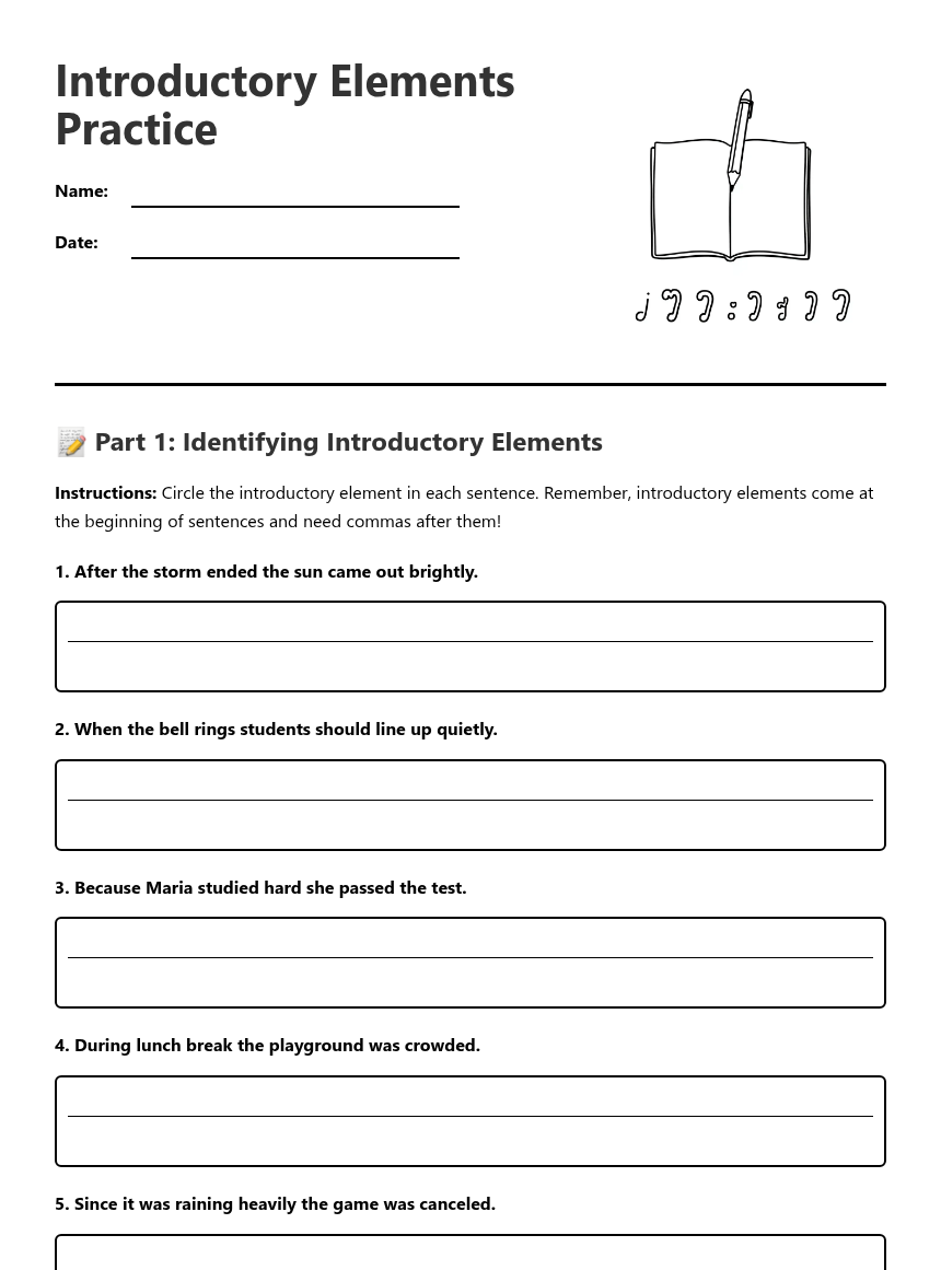 Introductory Elements Practice — Free Printable Worksheet for English ...