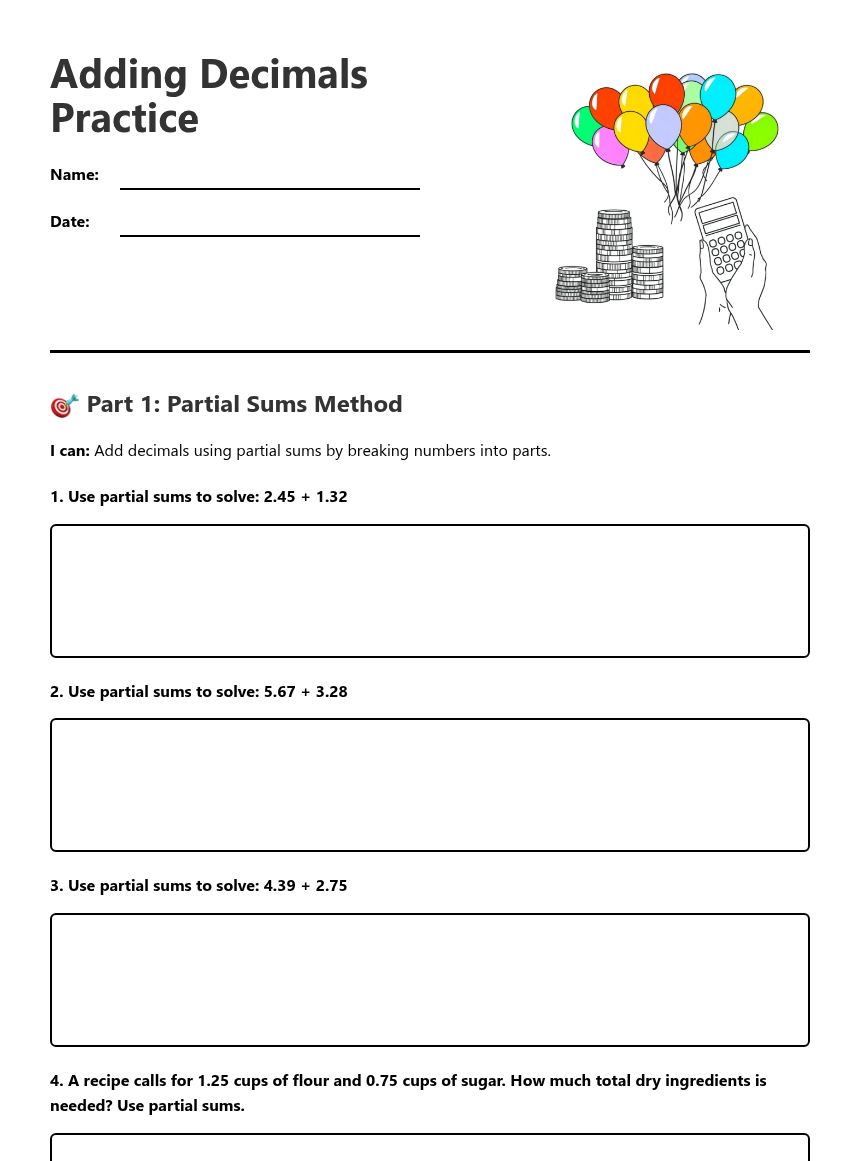 Adding Decimals Practice — Free Printable Worksheet for Mathematics ...
