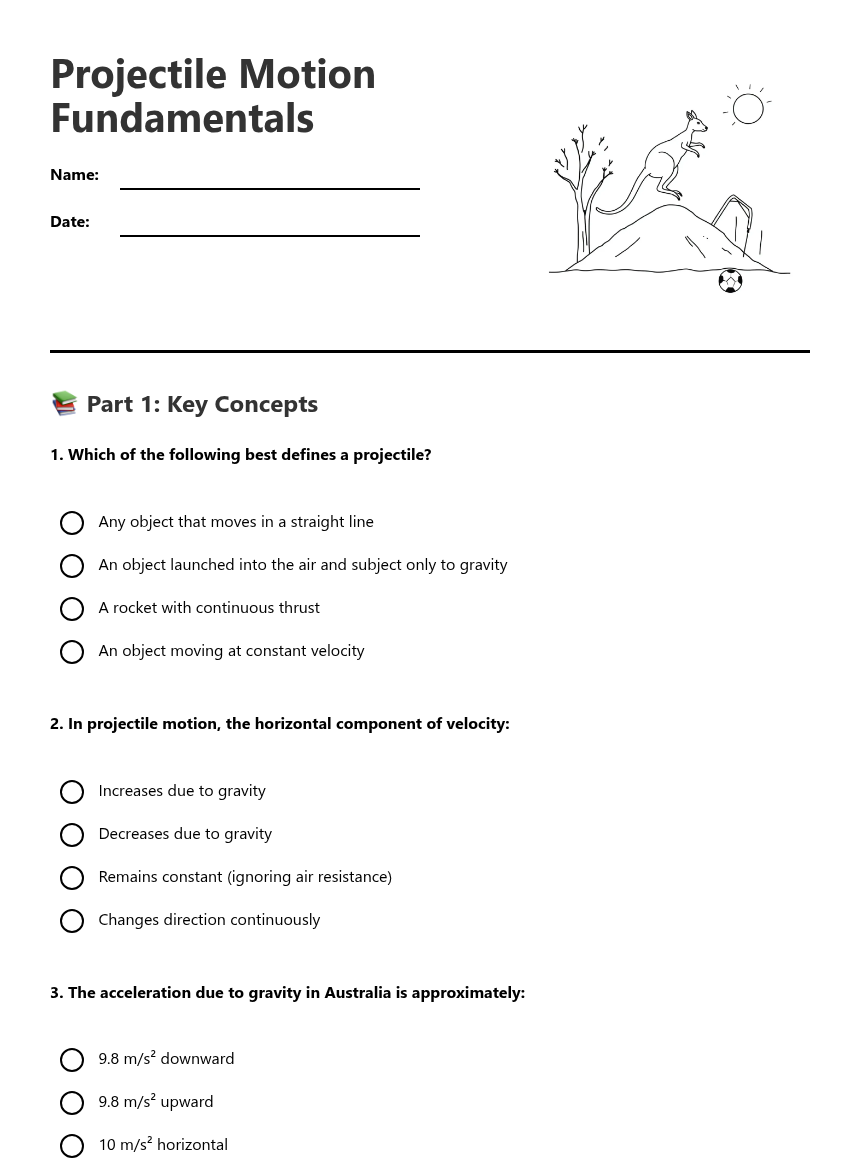 Projectile Motion Fundamentals — Free Printable Worksheet for Science ...
