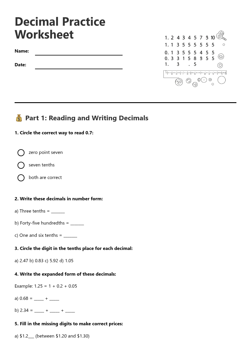 Decimal Practice Worksheet — Free Printable Worksheet for Mathematics ...