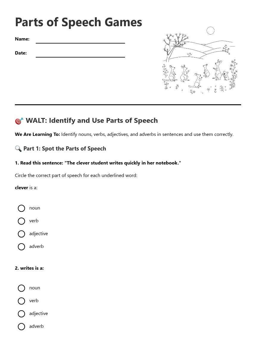 Parts of Speech Games — Free Printable Worksheet for English | Kuraplan