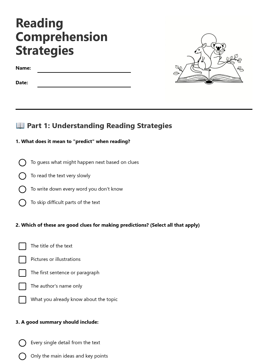 Reading Comprehension Strategies — Free Printable Worksheet for English ...