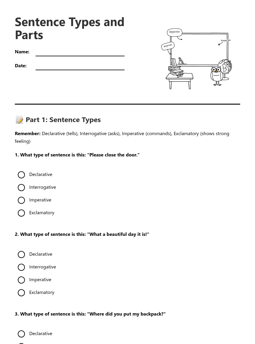 Sentence Types and Parts — Free Printable Worksheet for English (ELA ...
