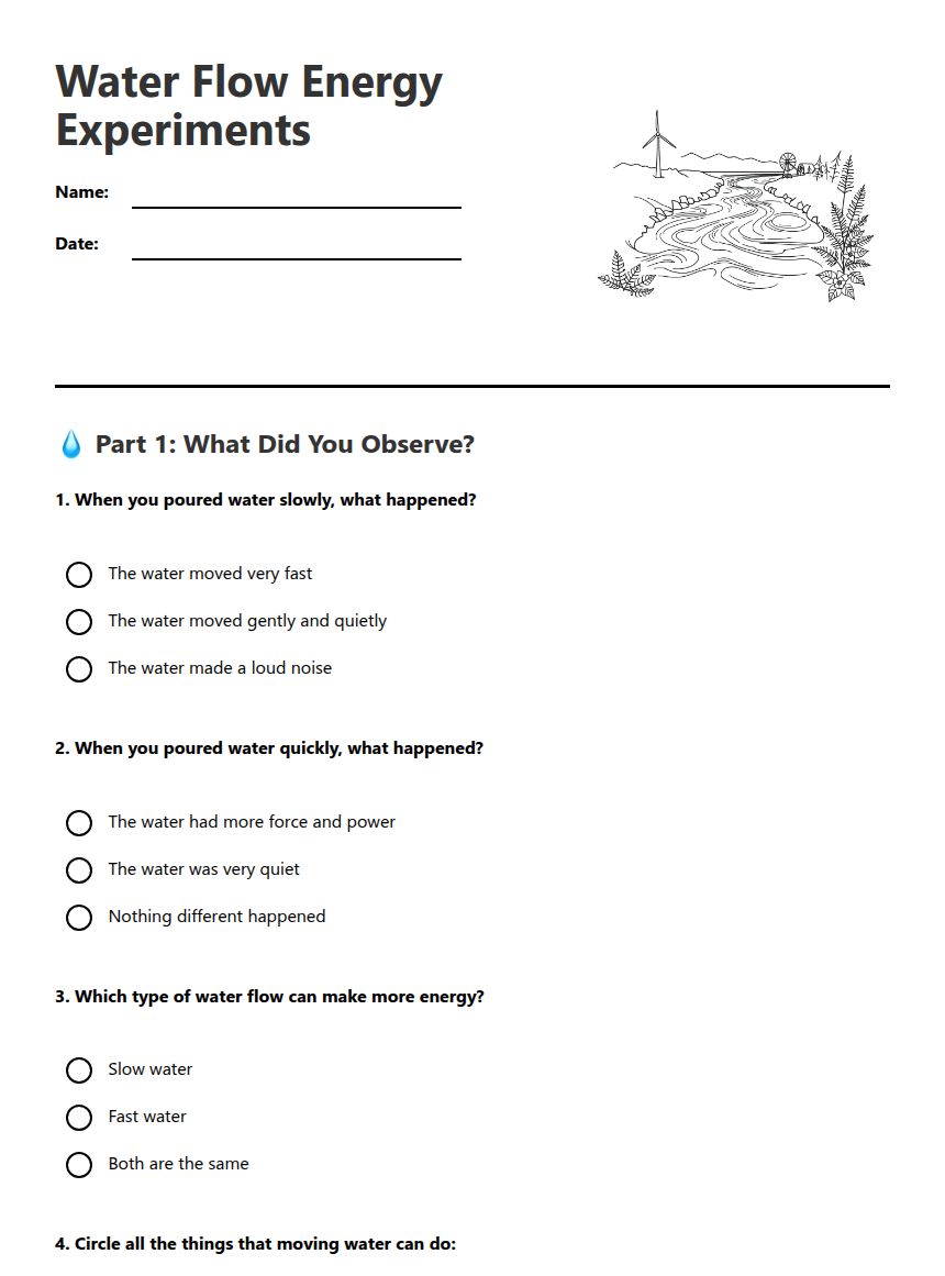 Science Water Flow Water Flow Energy Experiments — Free Printable Worksheet for Science ...