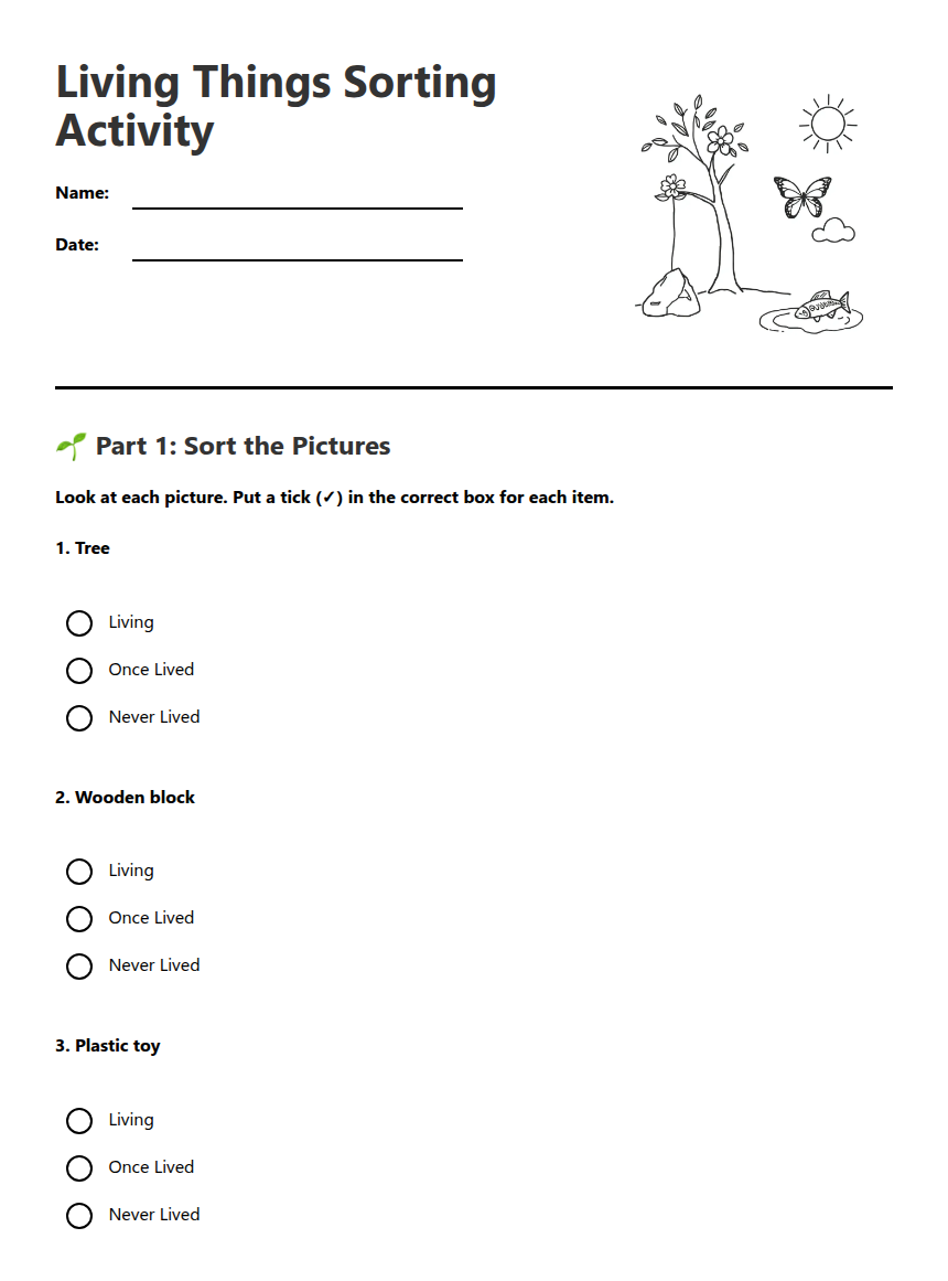 Living Things Sorting Activity — Free Printable Worksheet for English ...