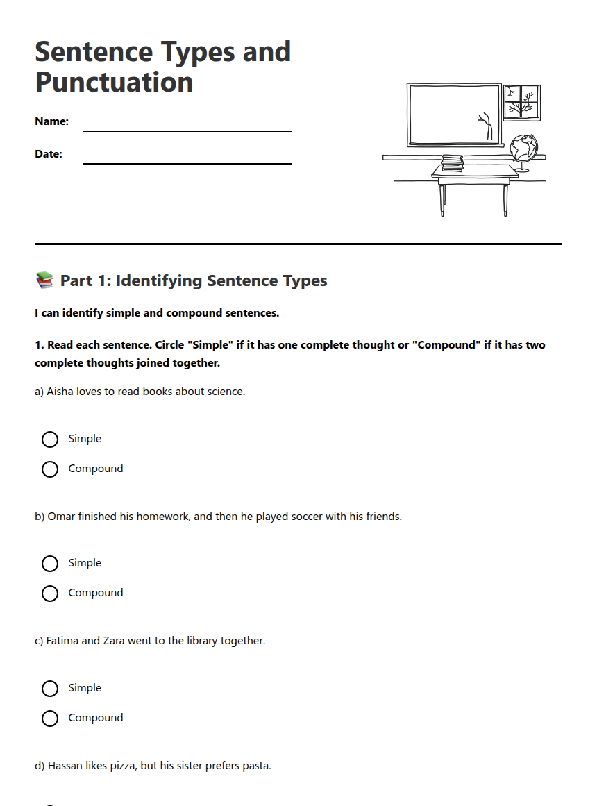 Sentence Types and Punctuation — Free Printable Worksheet for English ...
