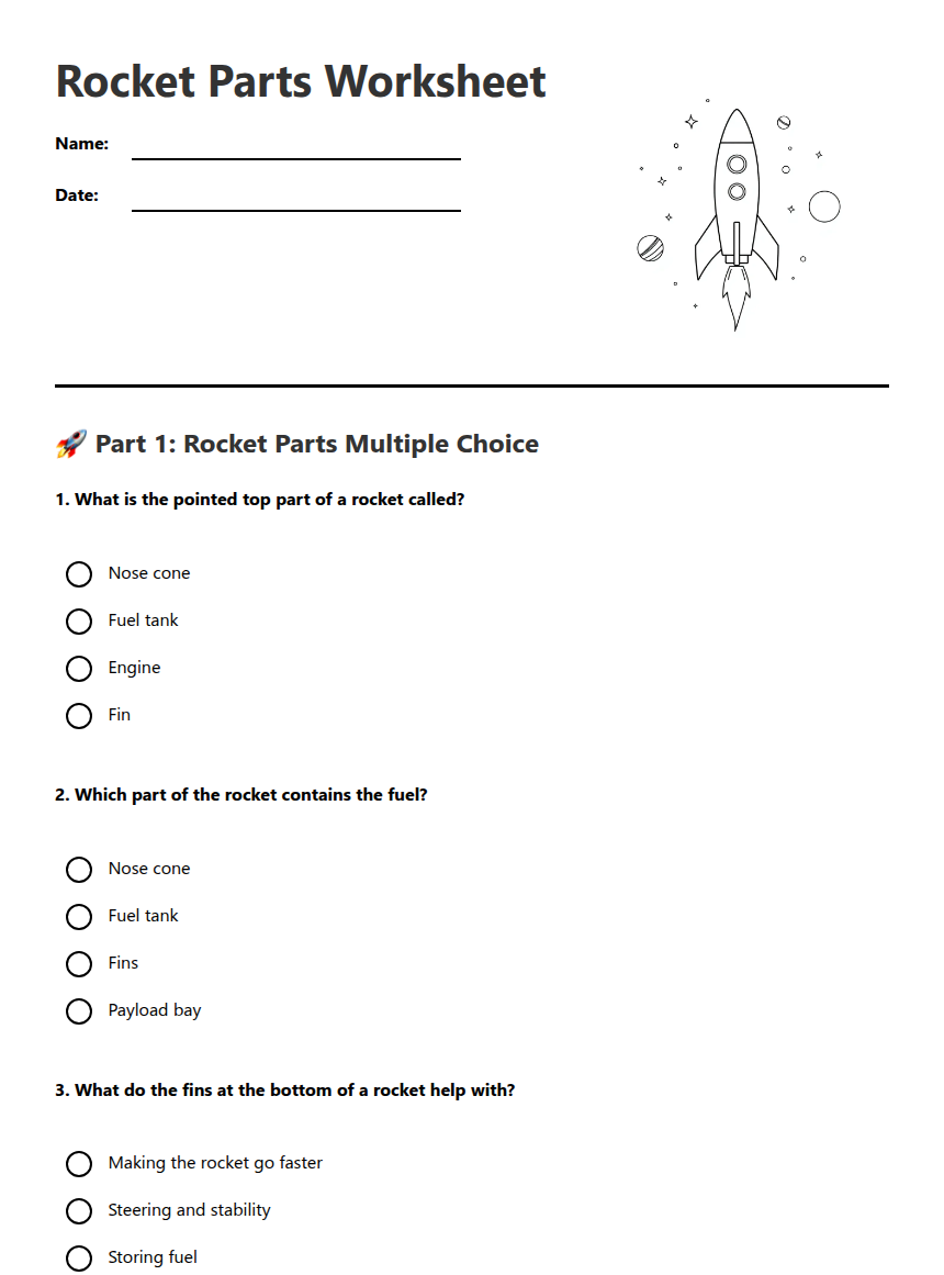 Roaring Rockets Worksheet Rocket Parts Worksheet — Free Printable Worksheet for Science | Kuraplan