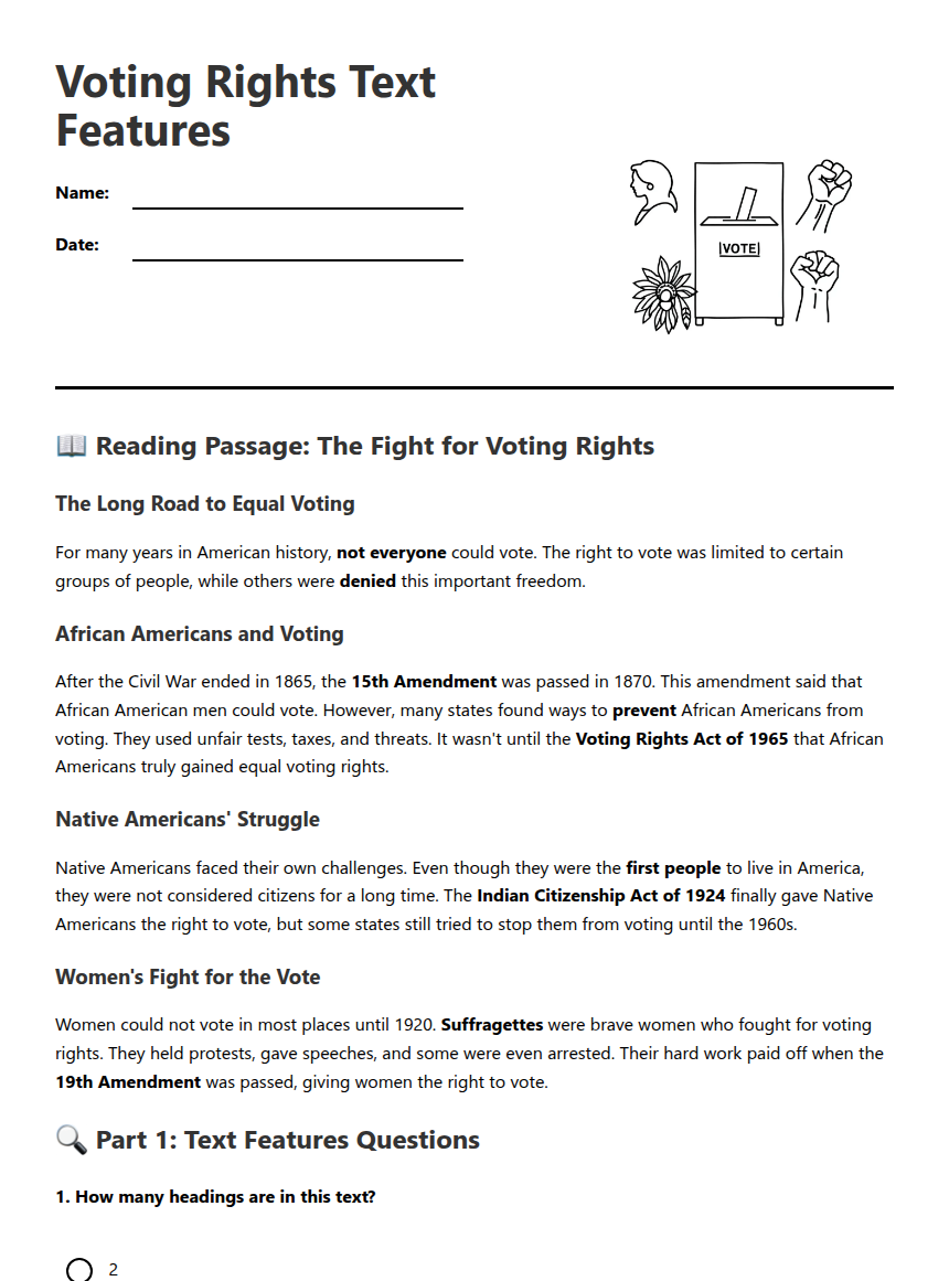 Voting Rights Worksheet.pdf Voting Rights Text Features — Free Printable Worksheet for English (ELA ...