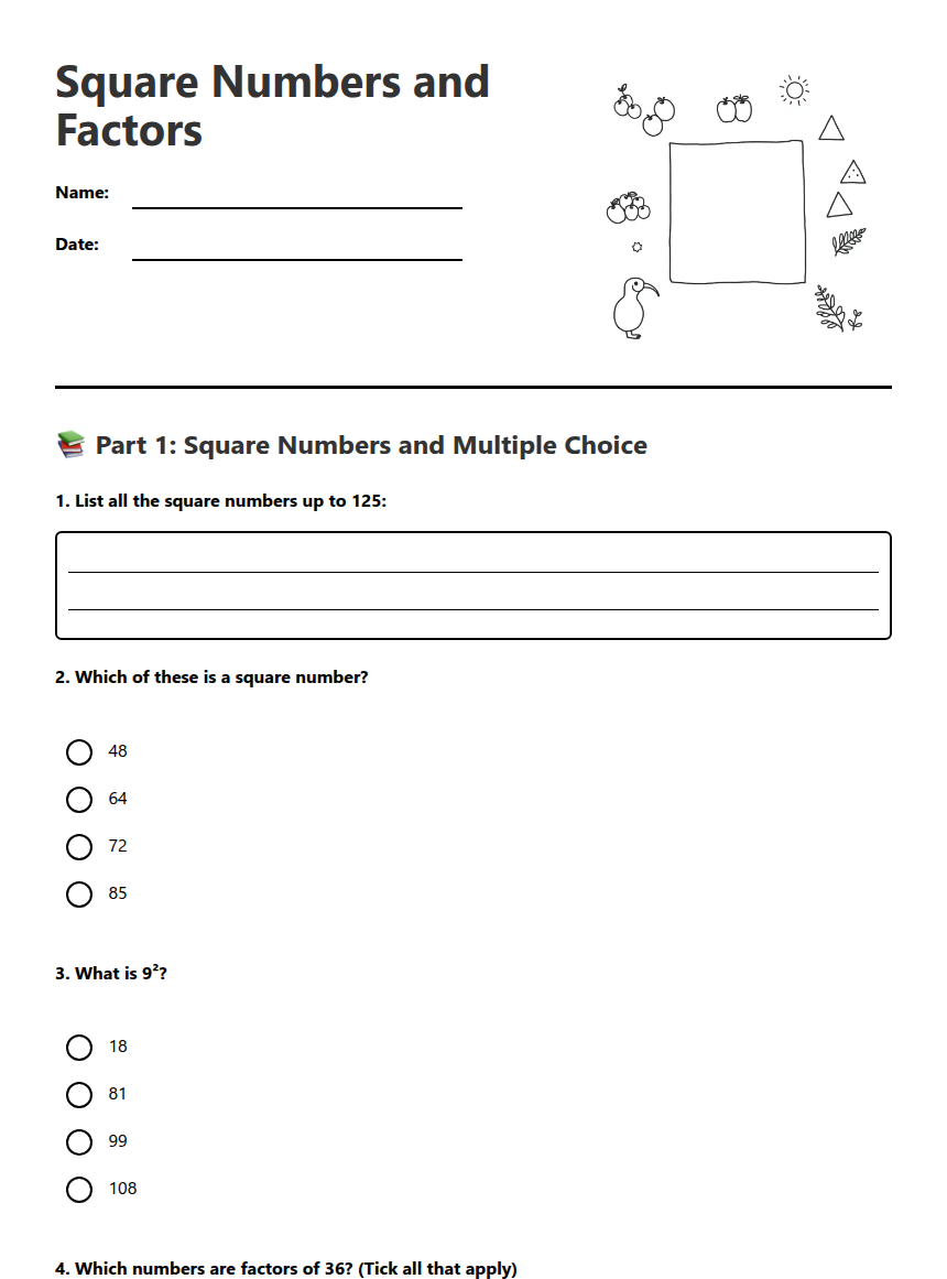 Square Numbers and Factors — Free Printable Worksheet for Maths | Kuraplan