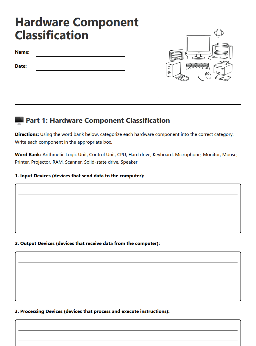 Computer Hardware Internal And External Component Worksheet Hardware Component Classification — Free Printable Worksheet for ...