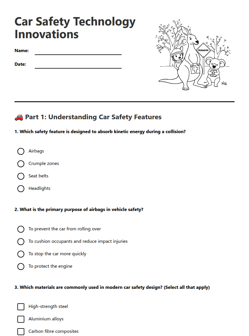Auto Mobile Science Worksheet Car Safety Technology Innovations — Free Printable Worksheet for ...