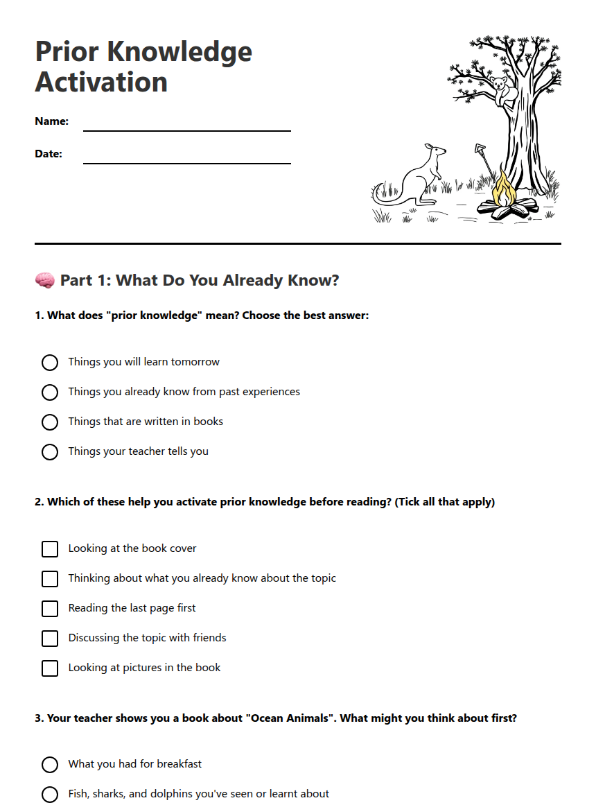 Prior Knowledge Activation — Free Printable Worksheet for English ...