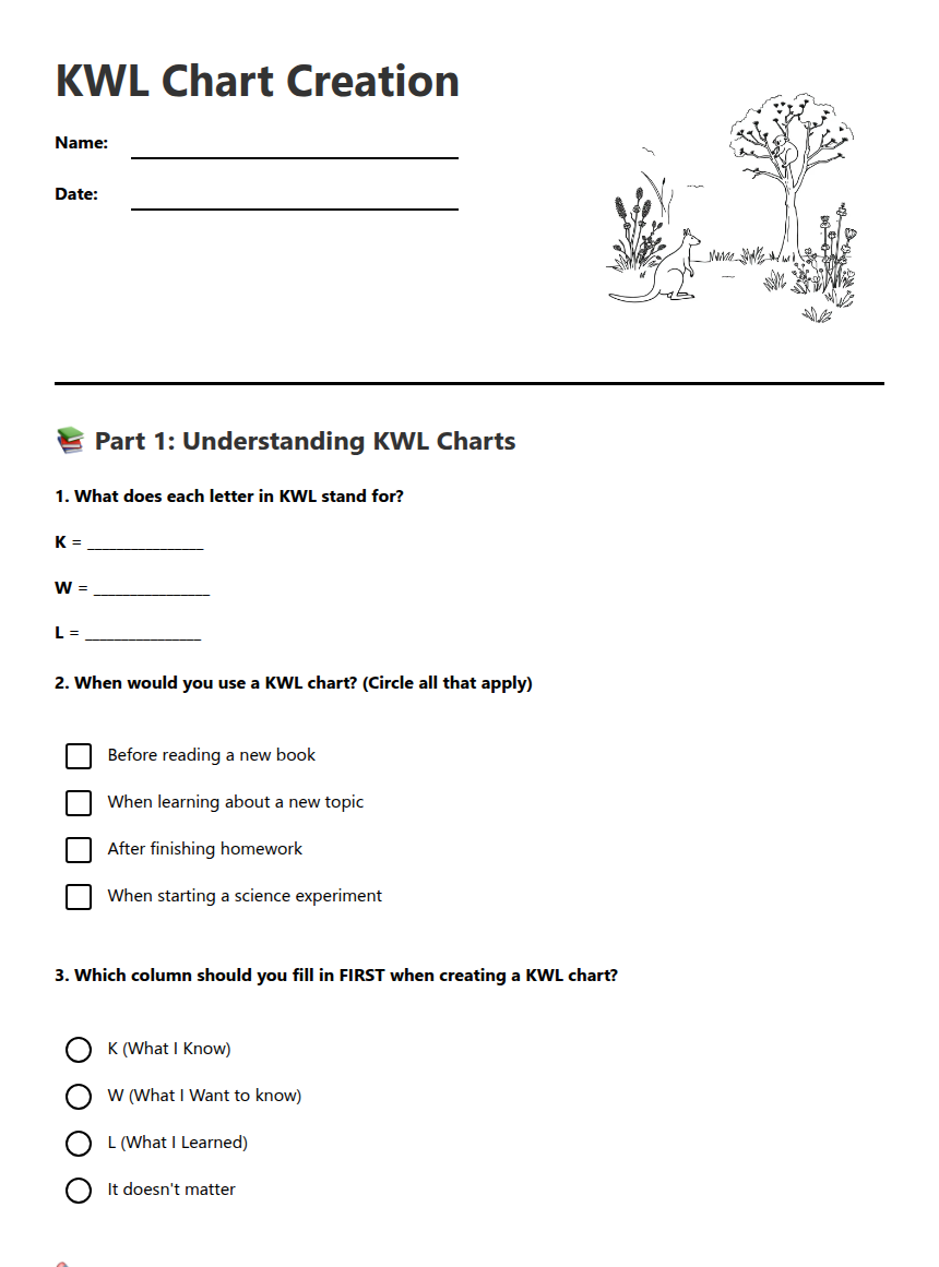 KWL Chart Creation — Free Printable Worksheet for English | Kuraplan