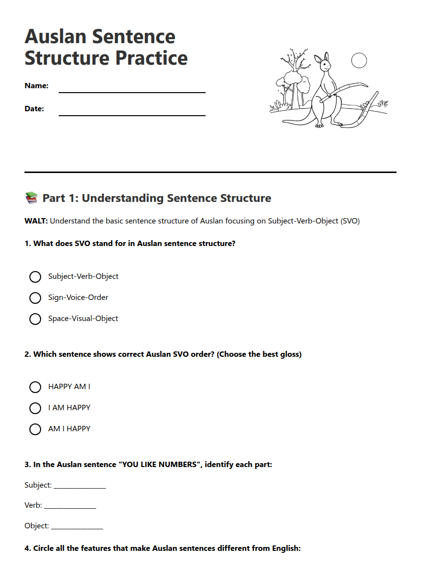 Auslan Sentence Structure Practice — Free Printable Worksheet for ...