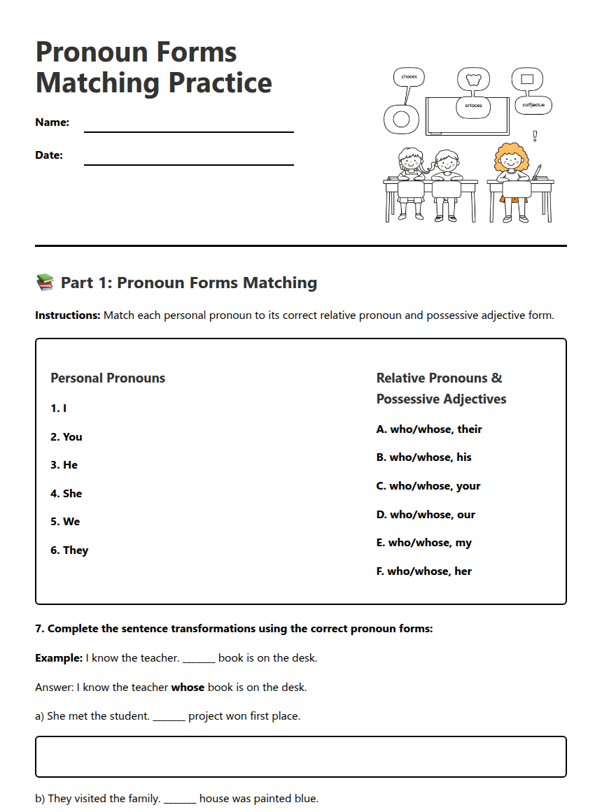 Pronoun Forms Matching Practice — Free Printable Worksheet for English ...