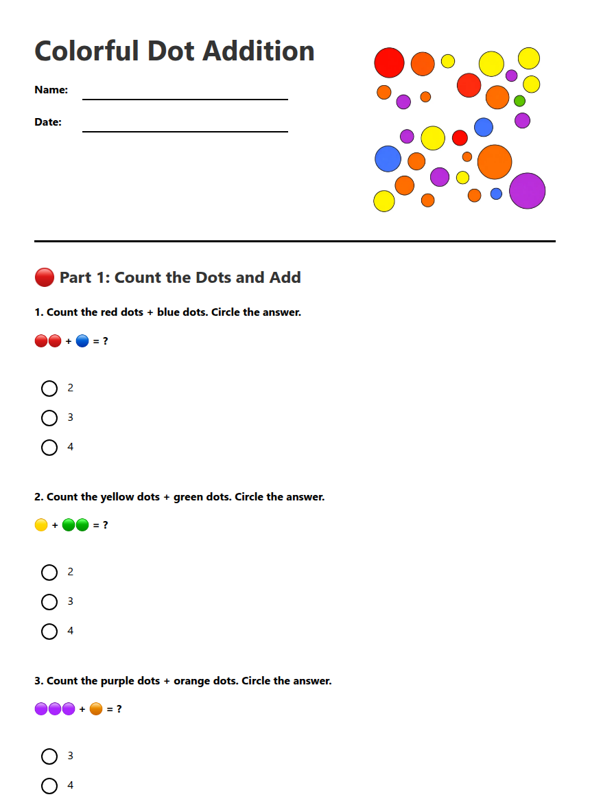 Colorful Dot Addition — Free Printable Worksheet for Mathematics | Kuraplan