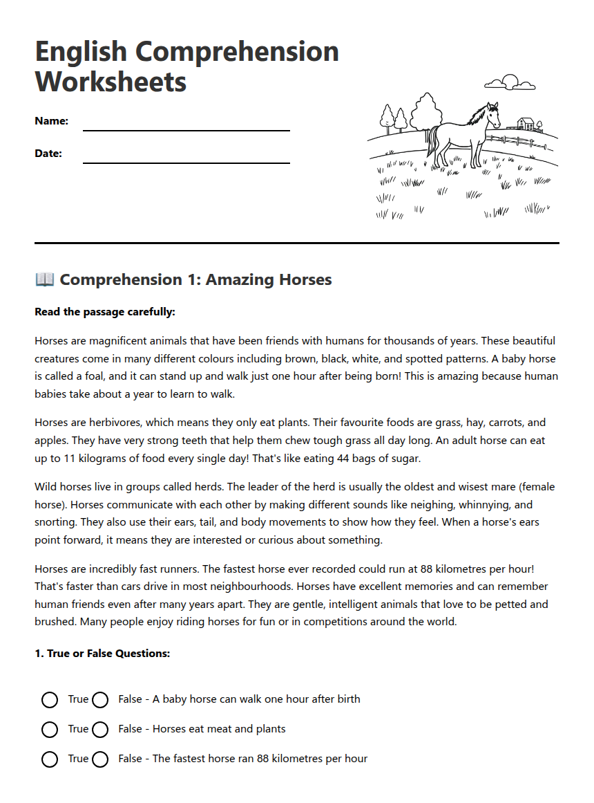 English Comprehension Worksheets — Free Printable Worksheet for English ...