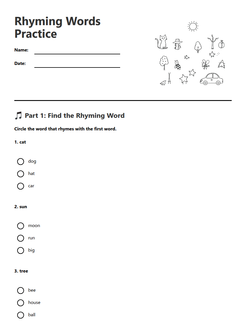 Rhyming Words Practice — Free Printable Worksheet for English | Kuraplan