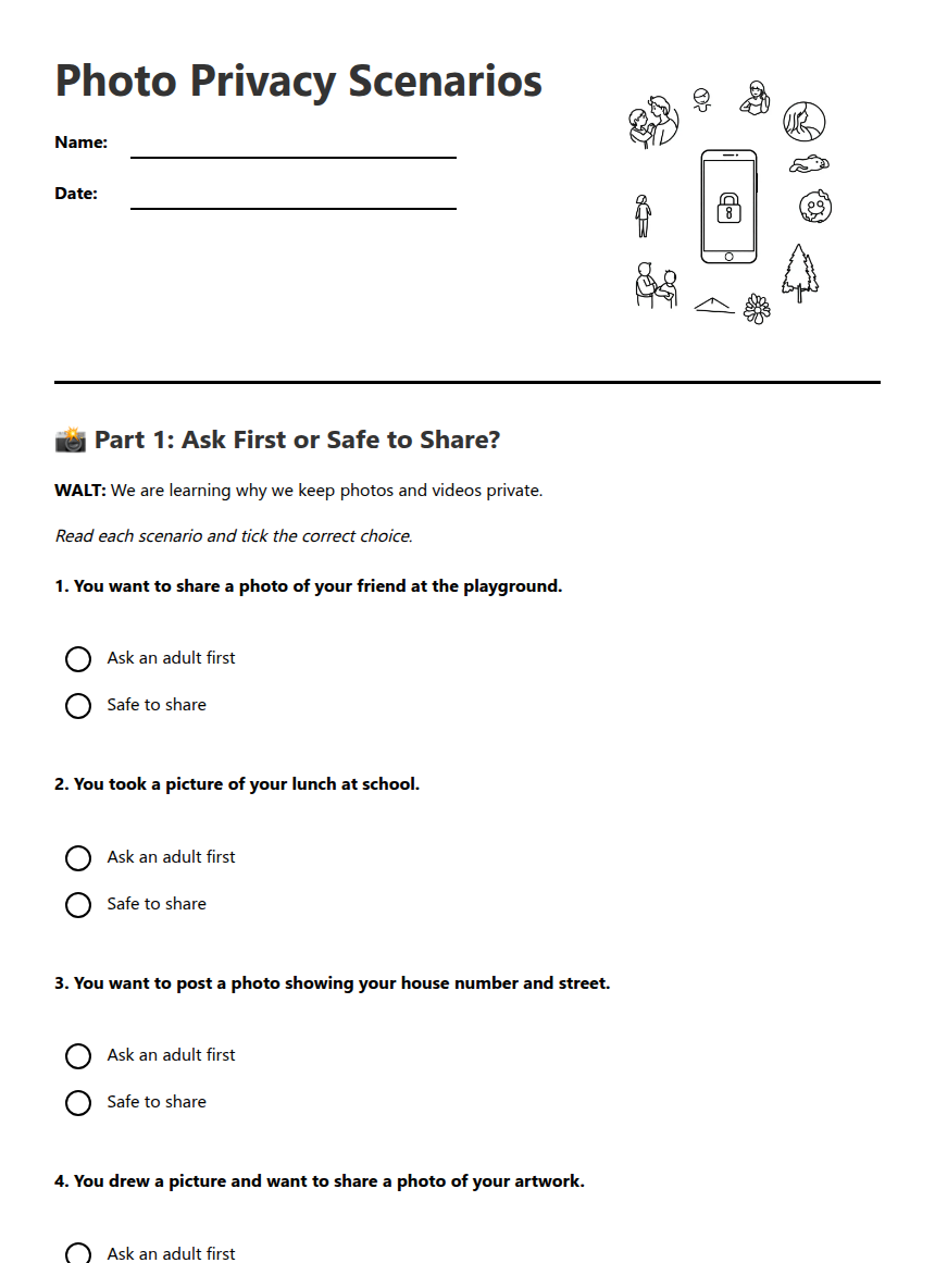 Privacy Worksheet Photo Privacy Scenarios — Free Printable Worksheet for Technology ...
