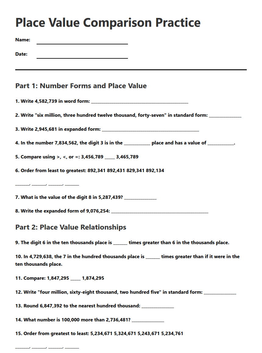 Place Value Comparison Practice — Free Printable Worksheet for ...