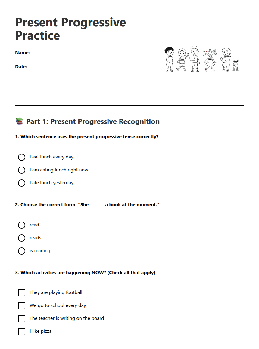 Present Progressive Practice — Free Printable Worksheet for English ...