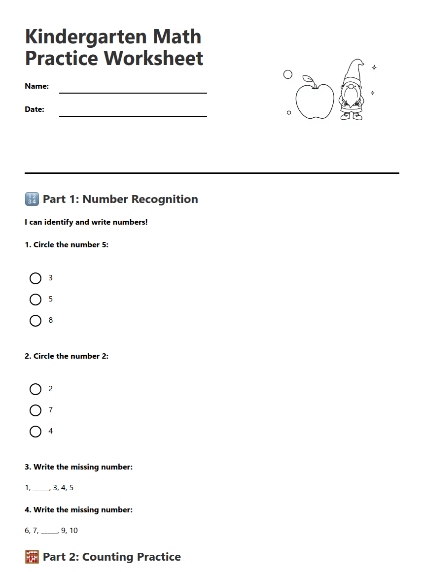 Kindergarten Math Practice Worksheet — Free Printable Worksheet for