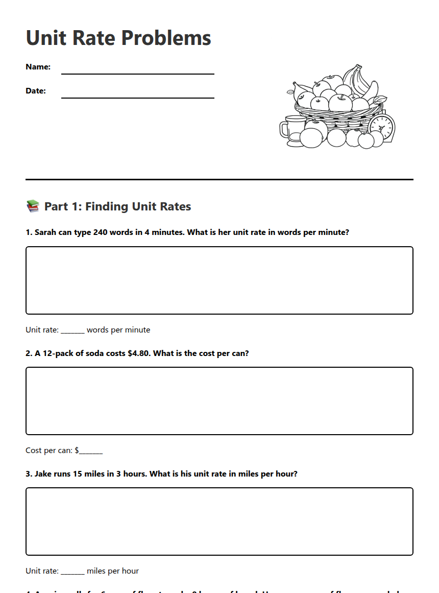 Unit Rate Problems — Free Printable Worksheet for Mathematics | Kuraplan