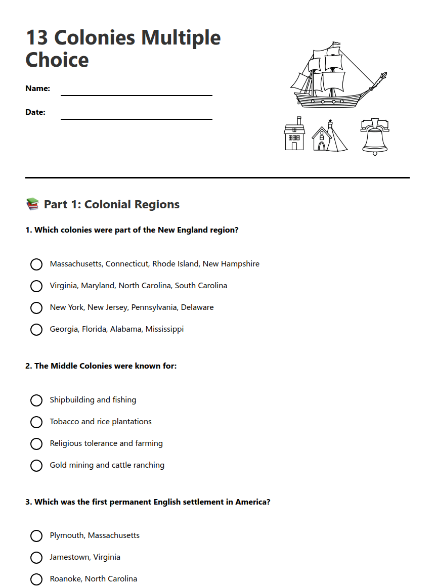 tobacco in the colonies worksheet answers 13 Colonies Multiple Choice — Free Printable Worksheet for US History