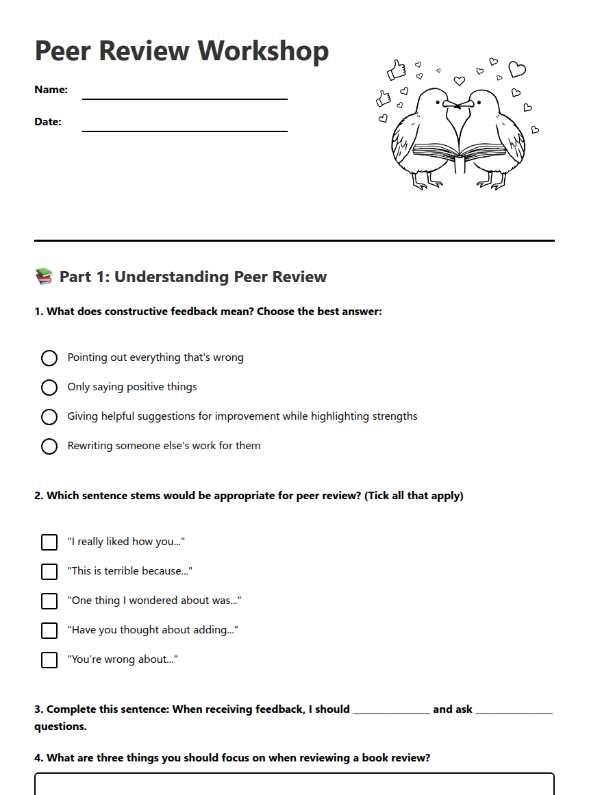 Peer Learning Worksheet Peer Review Workshop — Free Printable Worksheet for English | Kuraplan