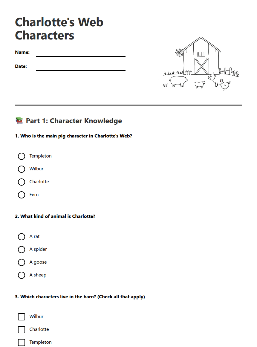 Charlotte's Web Characters — Free Printable Worksheet for English (ELA ...