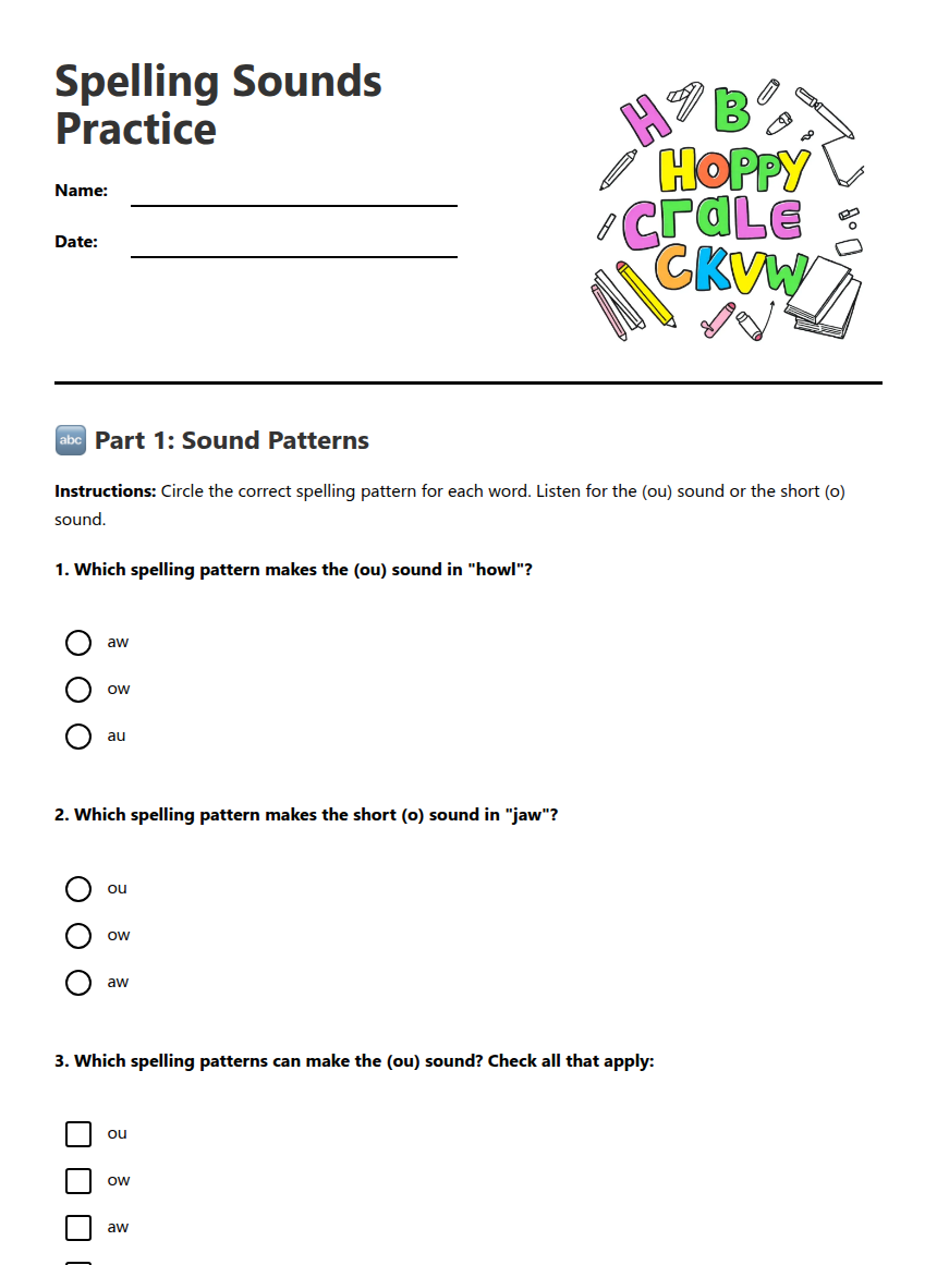 Spelling Sounds Practice — Free Printable Worksheet for English (ELA ...