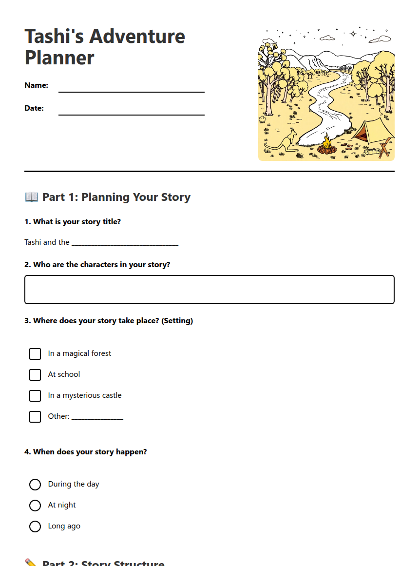 Tashi's Adventure Planner — Free Printable Worksheet for English | Kuraplan