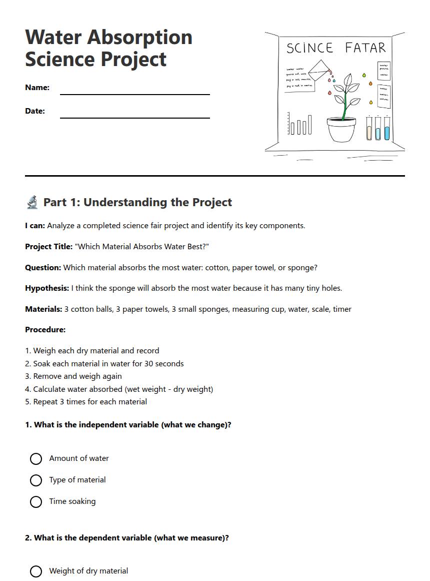 Absorption Worksheet.pdf Water Absorption Science Project — Free Printable Worksheet for Science ...