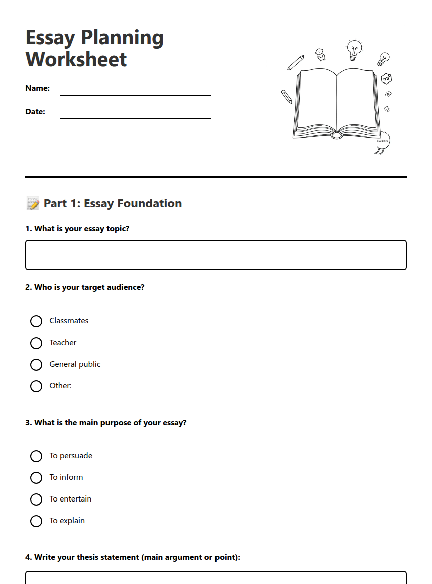 Eassy Worksheet Example Essay Planning Worksheet — Free Printable Worksheet for English | Kuraplan