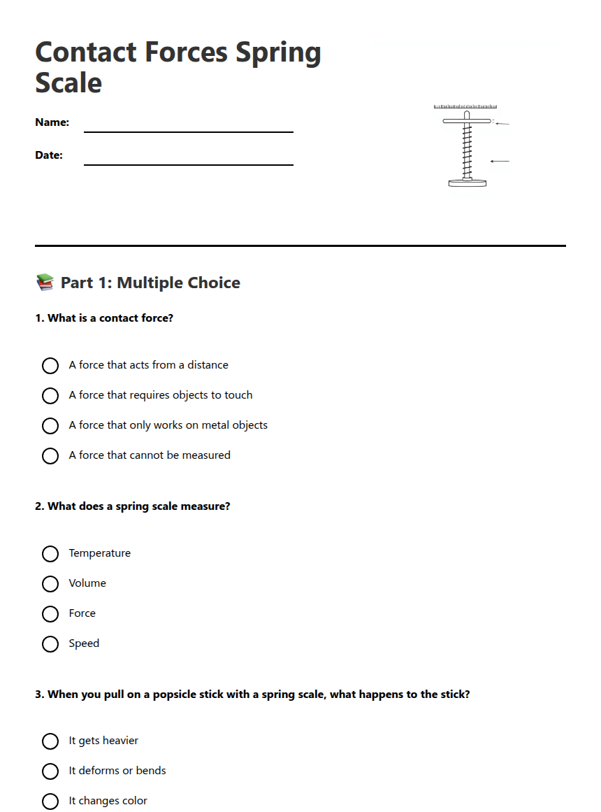 Contact Forces Spring Scale — Free Printable Worksheet for Science ...