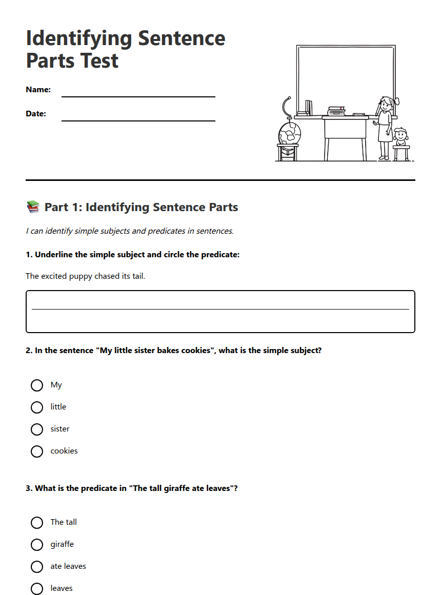 Identifying Sentence Parts Test — Free Printable Worksheet for English ...