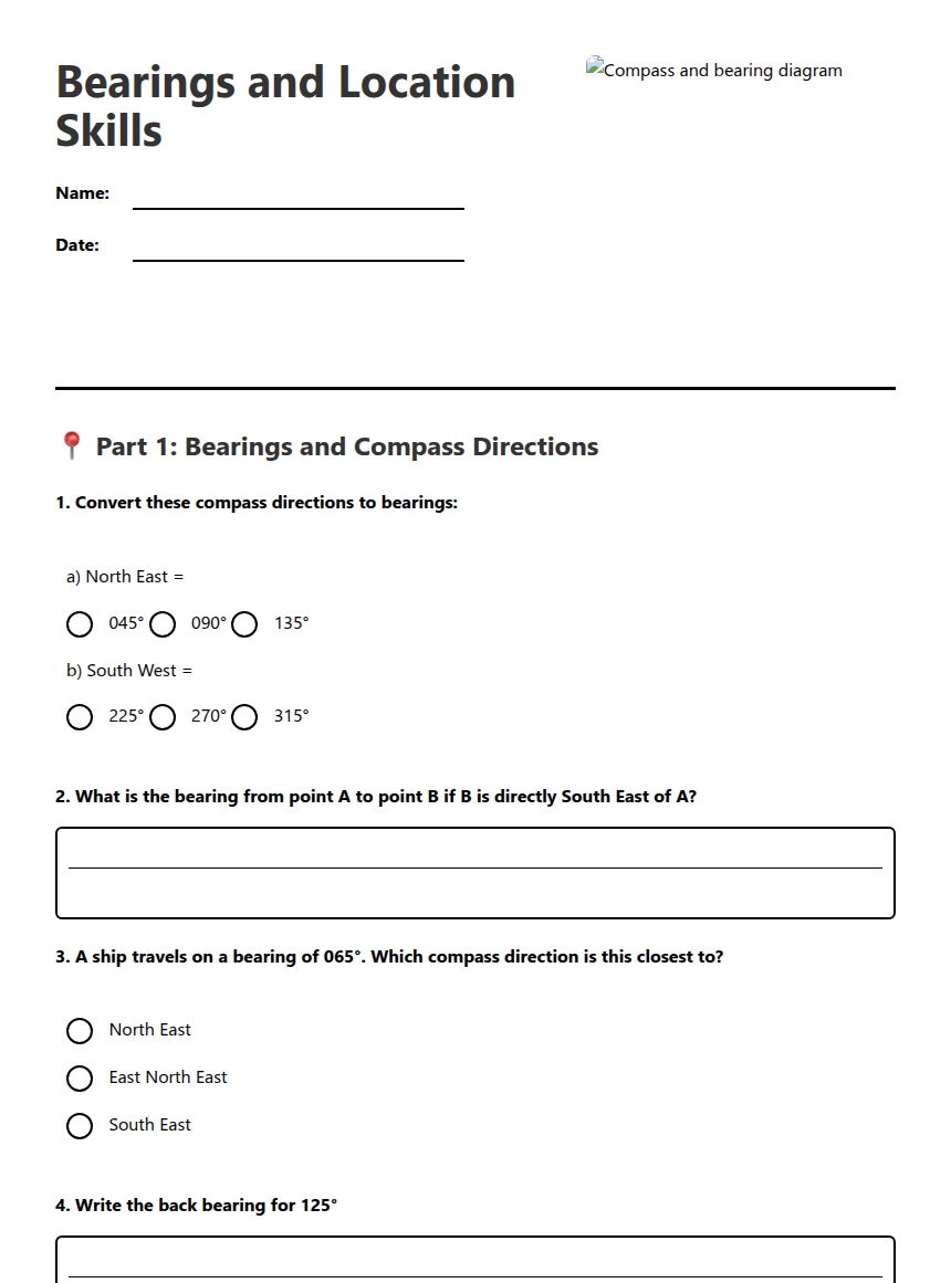 Bearings and Location Skills — Free Printable Worksheet for Maths ...