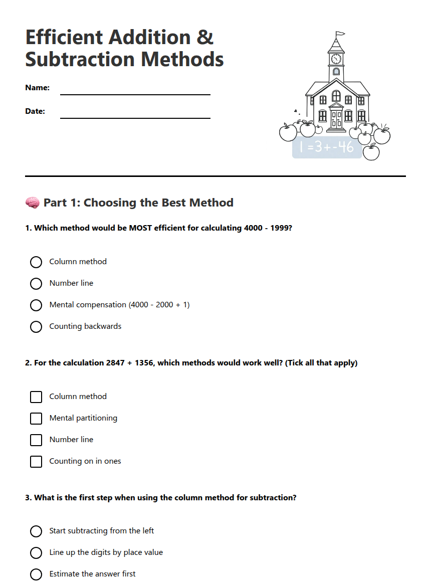 Efficient Addition Subtraction Methods — Free Printable Worksheet for ...