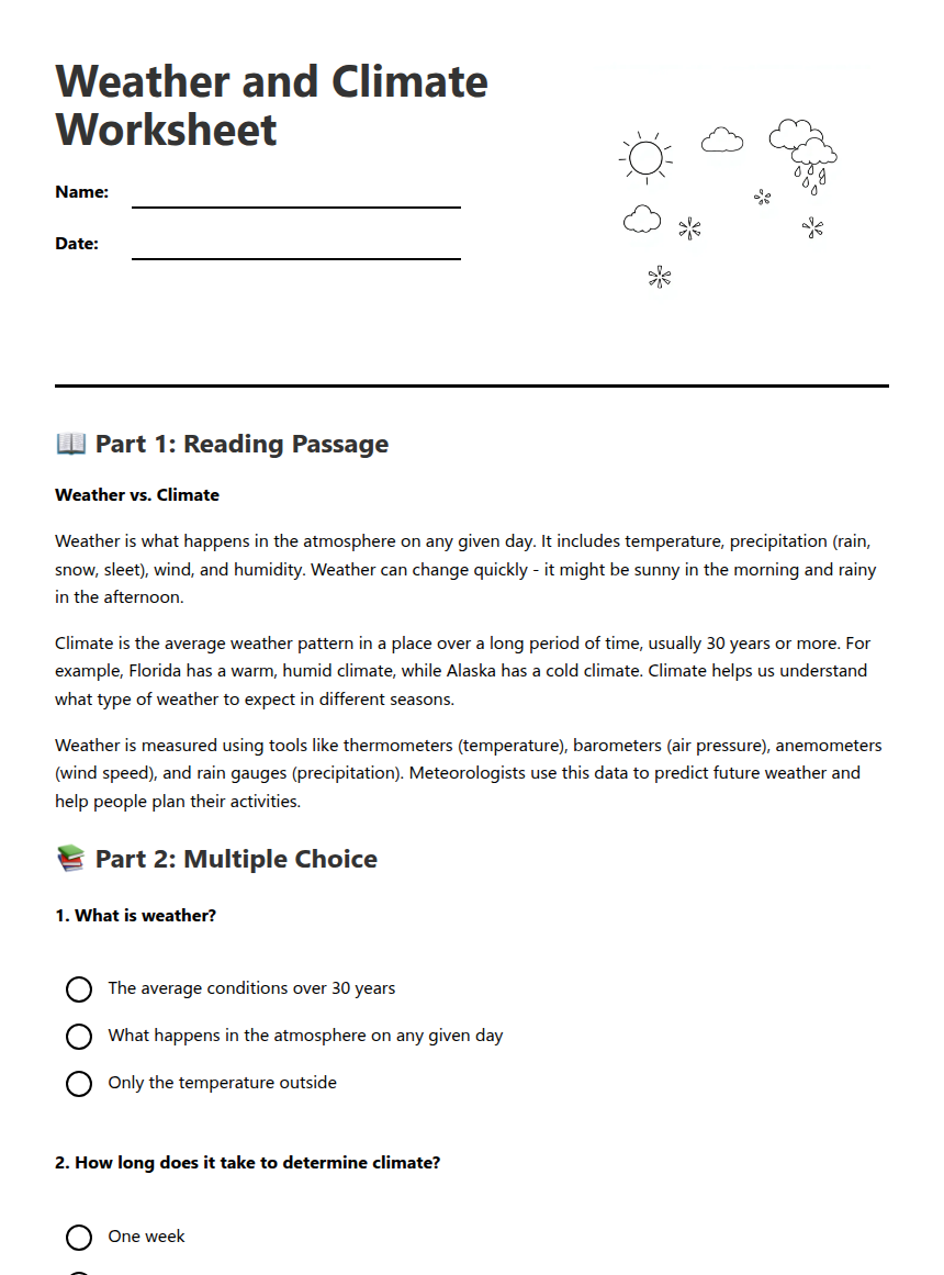 Weather and Climate Worksheet — Free Printable Worksheet for Science ...