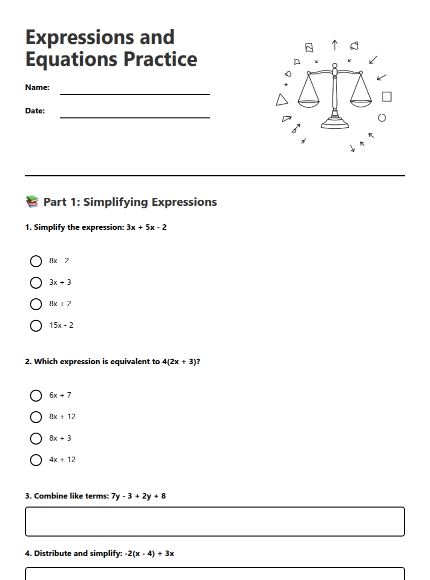 Expressions and Equations Practice — Free Printable Worksheet for ...