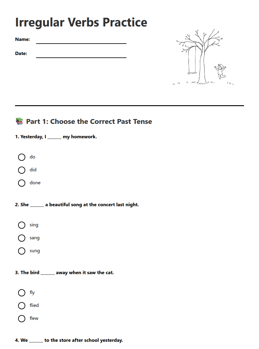 Irregular Verbs Practice — Free Printable Worksheet for English (ELA ...