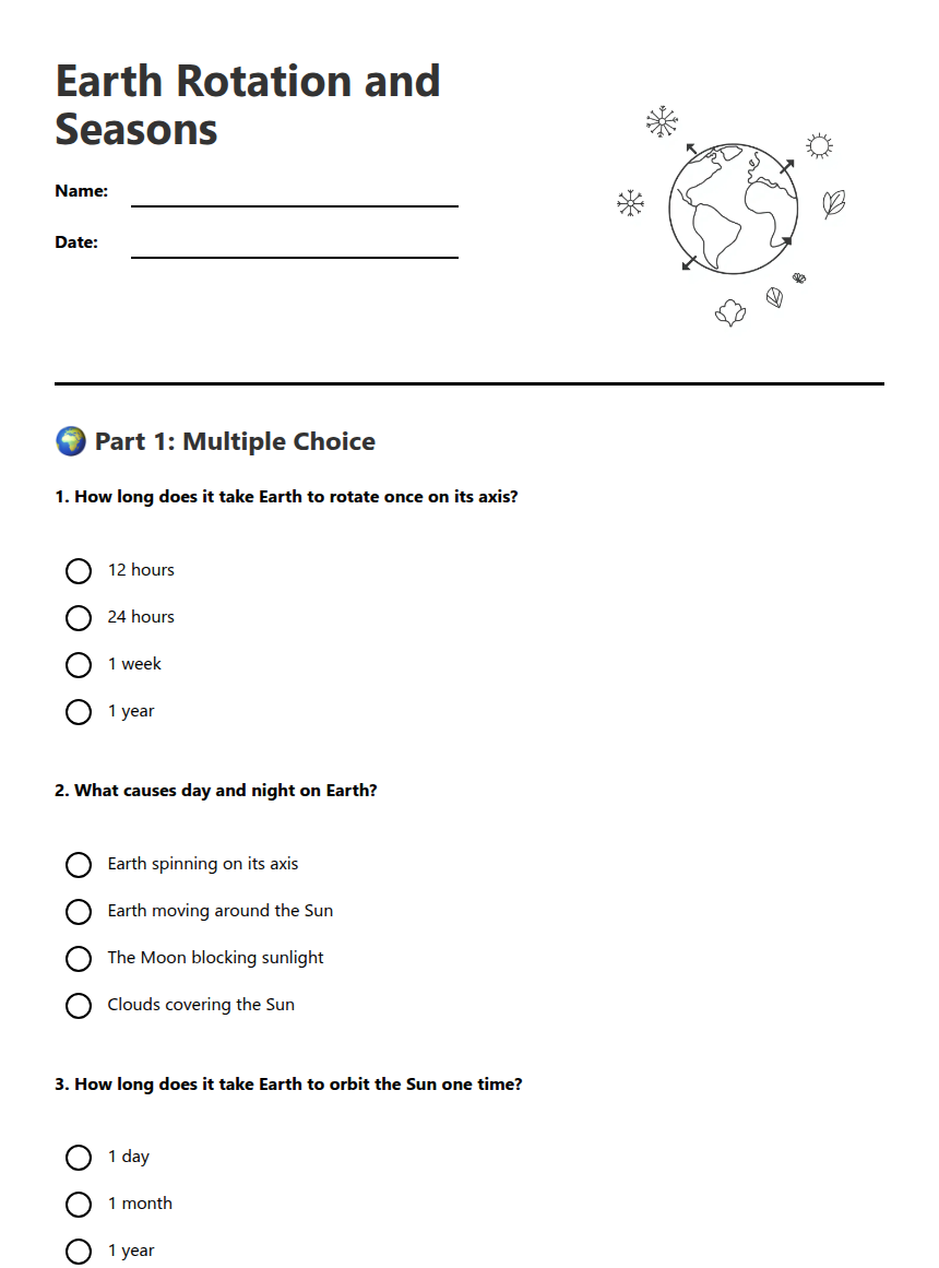 Science Worksheet Earth Rotation Pdf Earth Rotation and Seasons — Free Printable Worksheet for Science ...