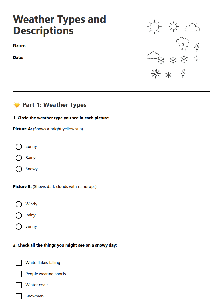 Weather Types and Descriptions — Free Printable Worksheet for Science ...