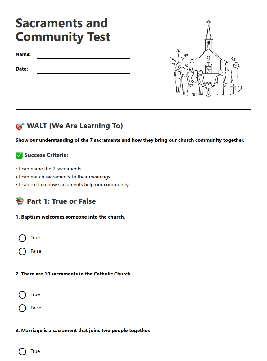 Sacraments and Community Test — Free Printable Worksheet for Religious ...