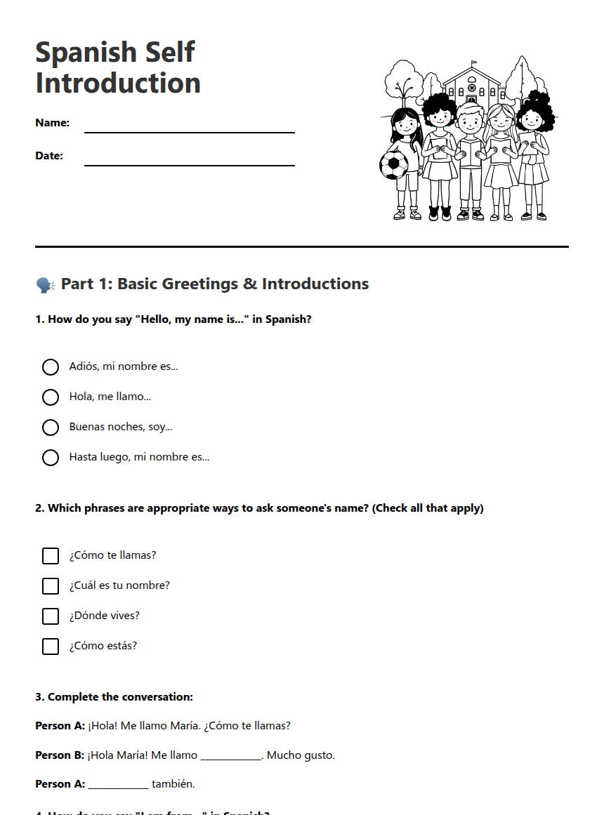 Spanish Self Introduction — Free Printable Worksheet for Languages ...