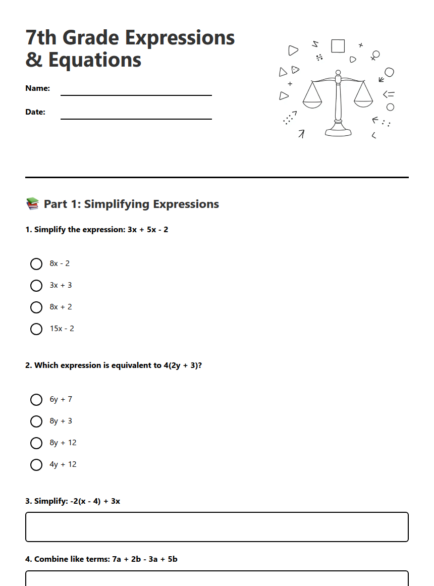 7th Grade Expressions Equations — Free Printable Worksheet for ...