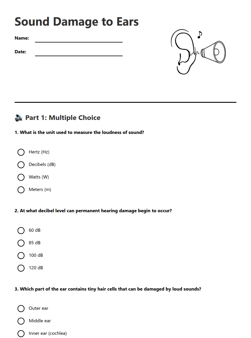 Sound Damage to Ears — Free Printable Worksheet for Science | Kuraplan