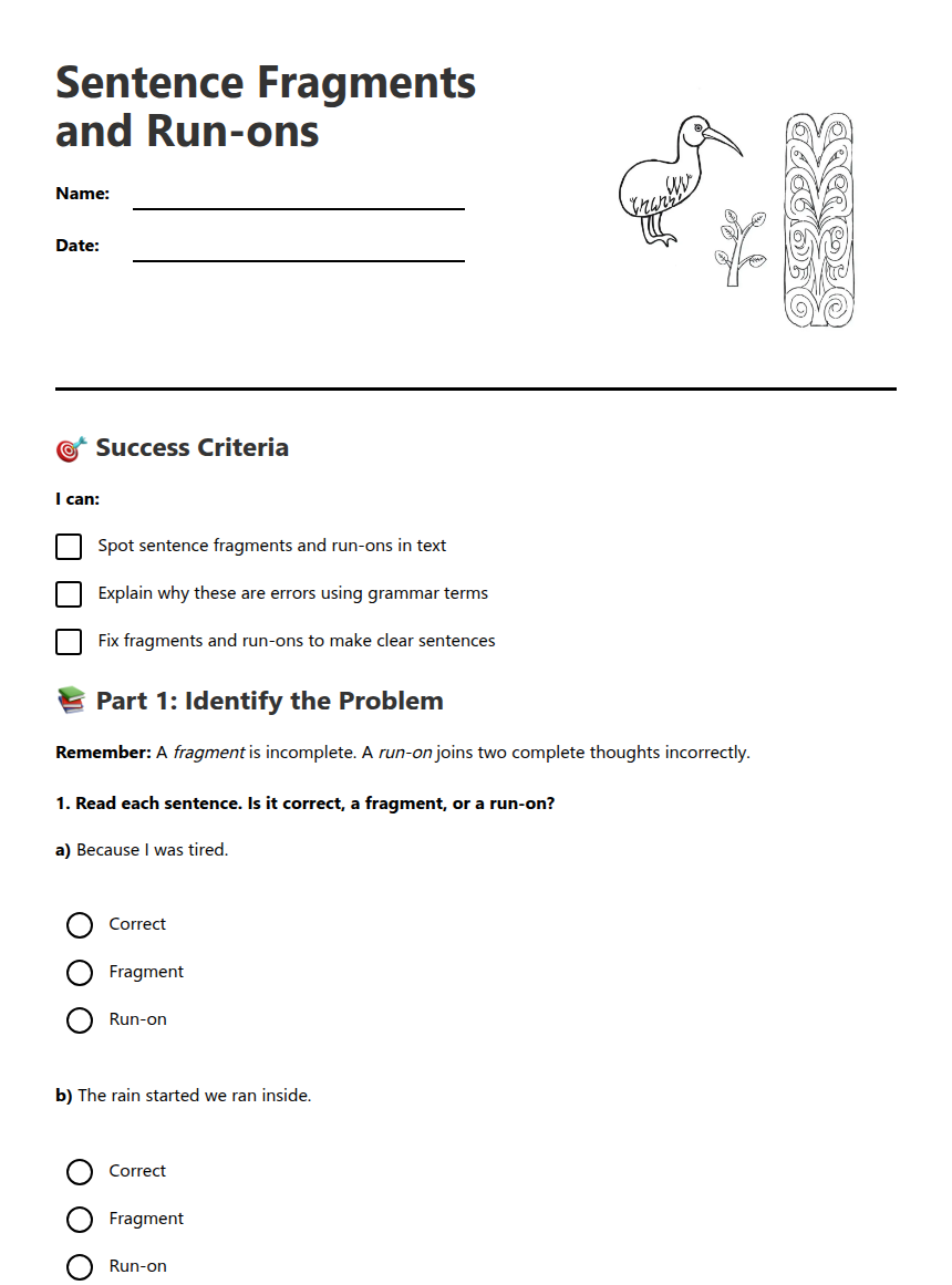 Sentence Fragments Run-ons — Free Printable Worksheet for English ...